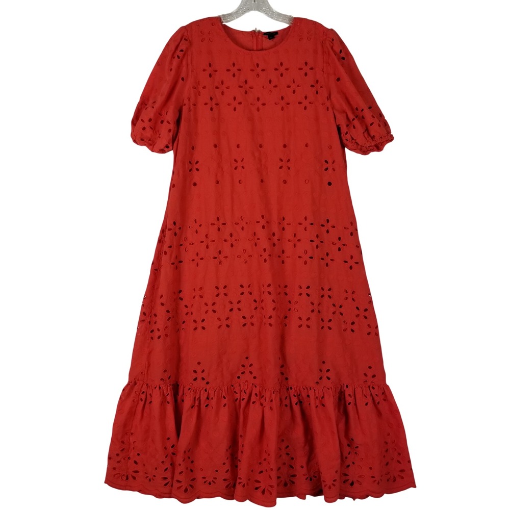 Ann Taylor Eyelet Midi Dress Womens 16 Coral Red Floral Tiered Ruffle Cotton